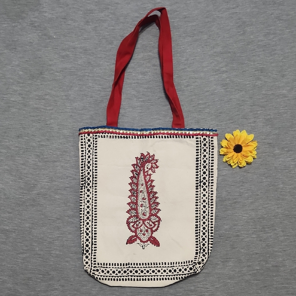 Handmade Indian Paisley Painted Canvas Tote Shopper Shoulder Bag Purse